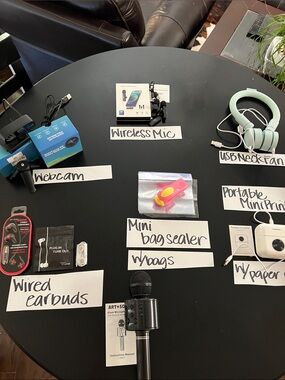 Wireless mics, webcam, mini bag sealer w/bags & mini printer w/ paper